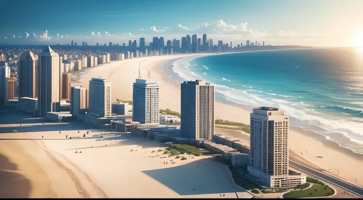 Image of realistic beach close-up, without people, at two oclock in the afternoon with sun, with image of the most beautiful city in the world in the background