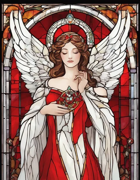 singer in a white half mask, large angel wings, long red dress, innocence