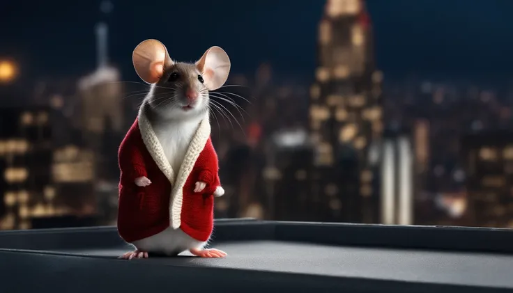 a mouse in a red sweater vest and a mouse wearing a white sweater,  standing on the roof of a new york city skyscraper, midnight city lights in the background, blanket covering something in front of them.