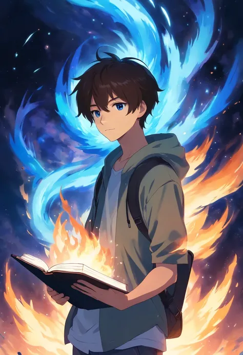 A young teenage man half demon holding a black book with blue flames in front of space