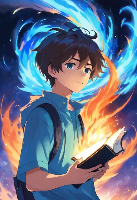 A young teenage man half demon holding a black book with blue flames in front of space