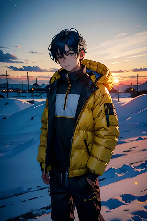 young boy, blue hair, long hair, black eyes, wearing a yellow puffer jacket, in the snow, sunset, 4k,