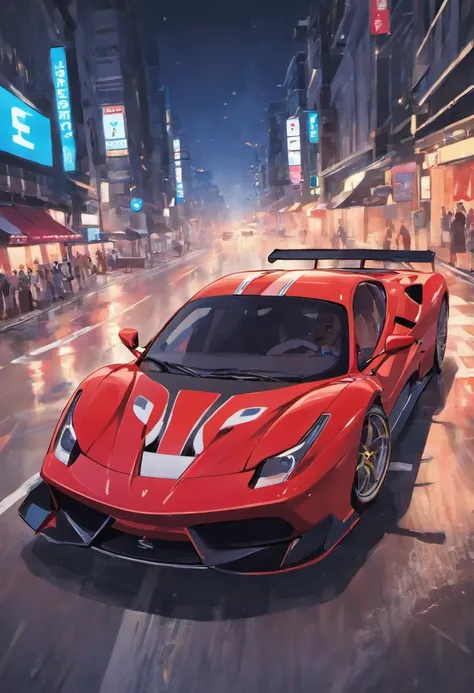 "next to: Quority(Ferrari 488 GT3 | |)Race cars race around the city circuit at night，Um sopro de sangue e velocidade。"