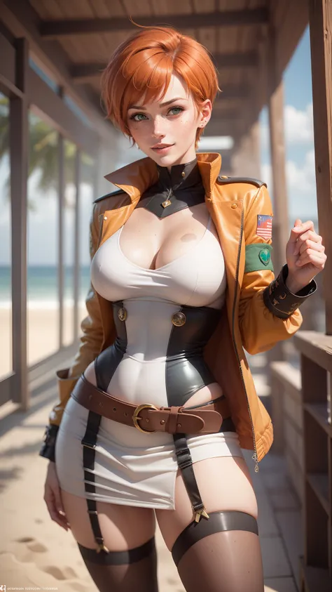 gwen tennyson,boa hancock,tracer, rebecca chambers,pirate uniform, beach,teenager,green eyes,garter belt,striped panties,short hair,orange hair,pirate ship,shy smile,pirate jacket,white striped top,bodycon skirt,freckles,redhead,beautiful girl,stockings,la...