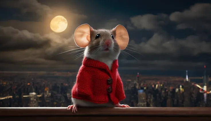 a mouse in a red sweater vest flying a toy helicopter over new york city skyscraper, midnight city lights in the background, full moon, dark puffy clouds in sky