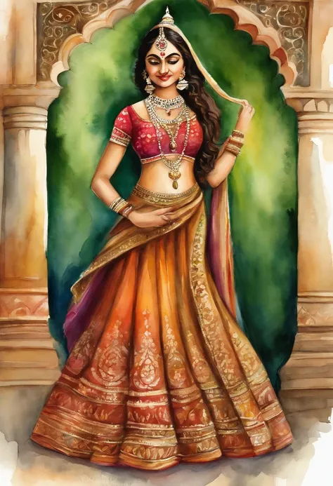 (masterpiece, best quality, realistic),
1girl, temple theme background, indian dress, dancing, intricate, dark green dress, gold, indian palace, india, indian person, banquet, crowd, picking up skirt, darker skin, godess radha, [slight smile],