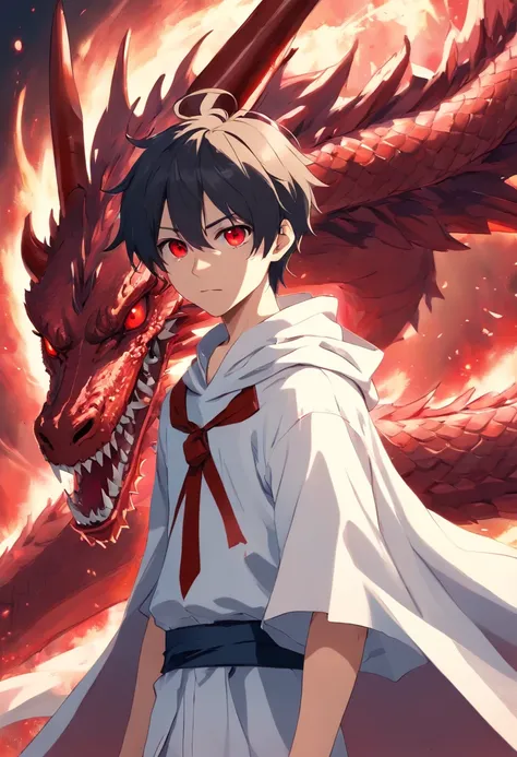 A young teenage half-demon man with blood red eyes with blood-stained white clothes and a white cape with a drawing of a red dragon with a pile of bodies in front of him