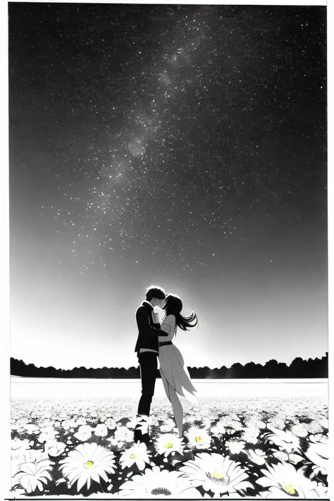 an anime couple kissing, ((Mage Frieren)), ((Hero Himmel)), a field of flowers, clear skies, masterpiece, best quality, lineart, monochrome