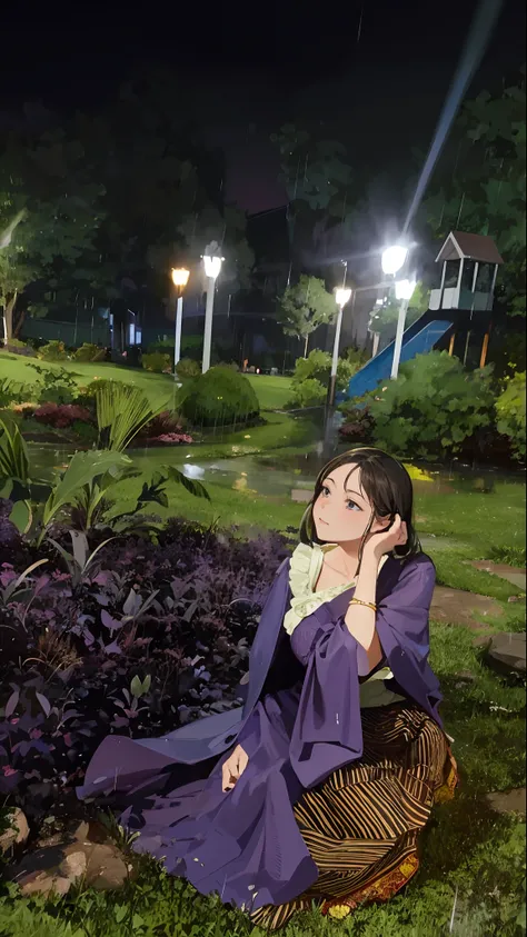 woman sitting on the ground in a purple dress in a park, at night time, taken with the best dlsr camera, during night, in night, photo taken at night, at evening during rain, with glowing lights at night, with lovely look, at night, in a park, photo taken ...