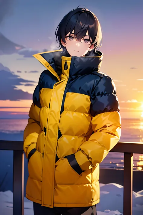 young boy, dark blue hair, medium hair, black eyes, wearing a yellow puffer jacket, in the snow, sunset, 4k,