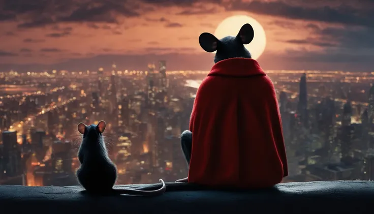 mouse in red sweater looking up at batman who is looking over the city