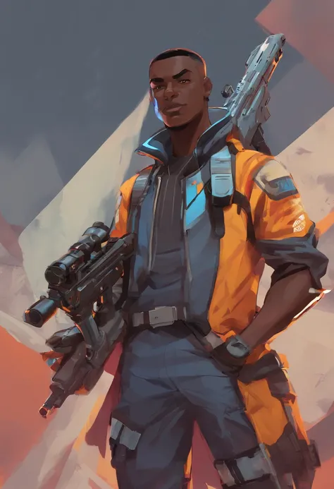 a close up of a dark skin person holding an sniper rifle, a blue and white jacket with the number 49 on the front, red gloves, dark grey pants and selver boots, a hulster which houses a pistol. African American character in Overwatch , dark yellow eyes, bu...