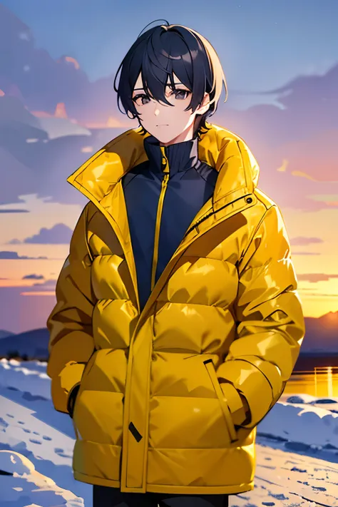 young boy, dark blue hair, medium hair, black eyes, wearing a yellow puffer jacket, in the snow, sunset, 4k,