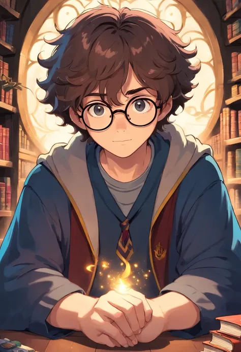 Homem moreno, curled hair wearing glasses in Harry Potter, vestindo uma capa preta e brincando com os amigos