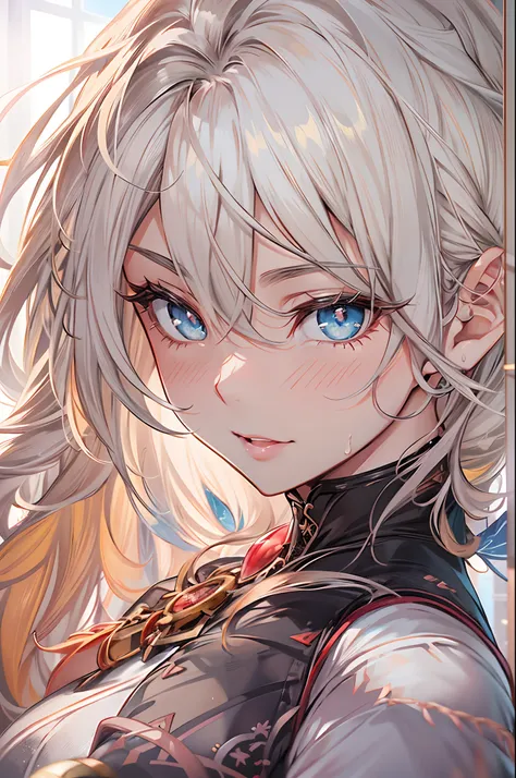 Close-up of face,Diagonal angle., complex details beautiful and delicate eyes, anime girl with long white hair and blue eyes posing for a picture, shadowverse style, Smooth Anime CG Art, sayori, Detailed Digital Anime Art, guweiz, sui ishida art manga, sha...