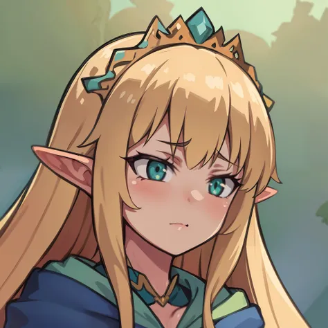 hiquality, tmasterpiece (One elven girl) A crown on their heads. Cyan eyes. green raincoat. Yellow bow. Sullen face. blonde woman. against the background of a forest with trees