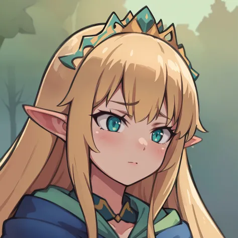 hiquality, tmasterpiece (One elven girl) A crown on their heads. Cyan eyes. green raincoat. Yellow bow. Sullen face. blonde woman. against the background of a forest with trees