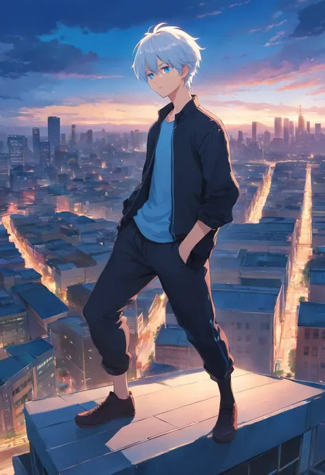 A young teenage man with white hair and light blue eyes in a black outfit on top of a building