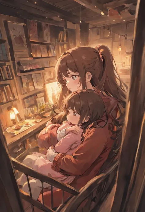 a mother with brown hair, bangs and brown clothes rocking and feeding her baby girl, long hair, black hair, bangs and pink newborn clothes in her arms sitting in rocking chair in nursery at night