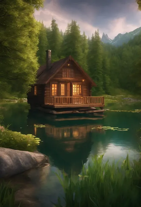 small cabin beside a lake in lush green forest, anime style, vintage