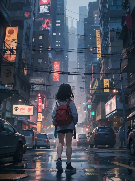 1st grade,um menina de 13 anos、menino cyberpunk、Katanas,Corpo inteiro sangrento、The beginning of the adventure、Muitas nuvens,Heavy fog、starly sky、lua,Chaotic city of the future、Cinematic dystopia、A group of very tall skyscrapers is in the center、Paisagem u...