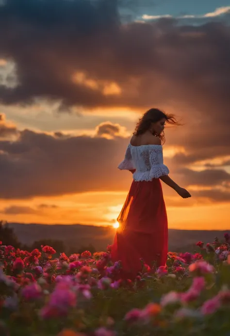 Beija flor voando sobre as flores num por do sol de outono.