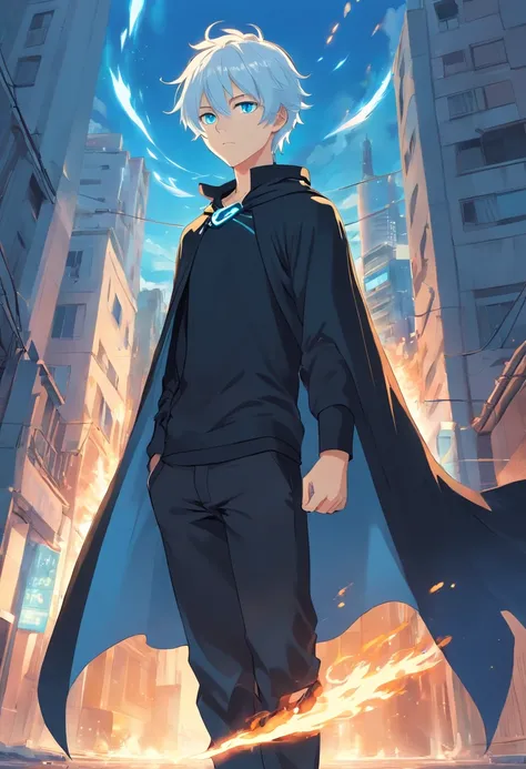 A young teenage man in black clothing with light blue eyes with white hair with a black cape on top of a building in his left hand a blue flame