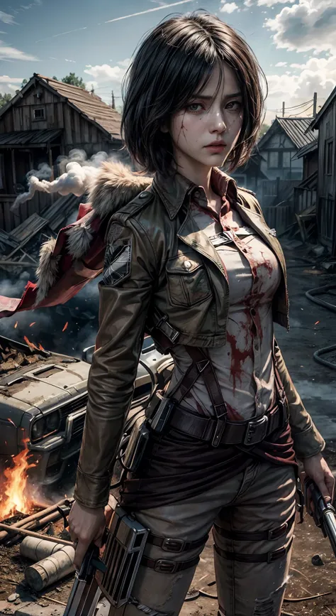 (masterpiece), (hyper realistic), attack on titan, mikasa ackerman, dinamic lighting, fire, dust, traces of blood on clothes, bu...