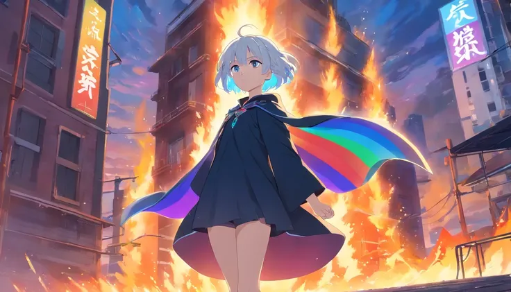 A young teenager in black clothes with navy blue accents in a rainbow cape with white hair and colorful eyes atop a burning black building