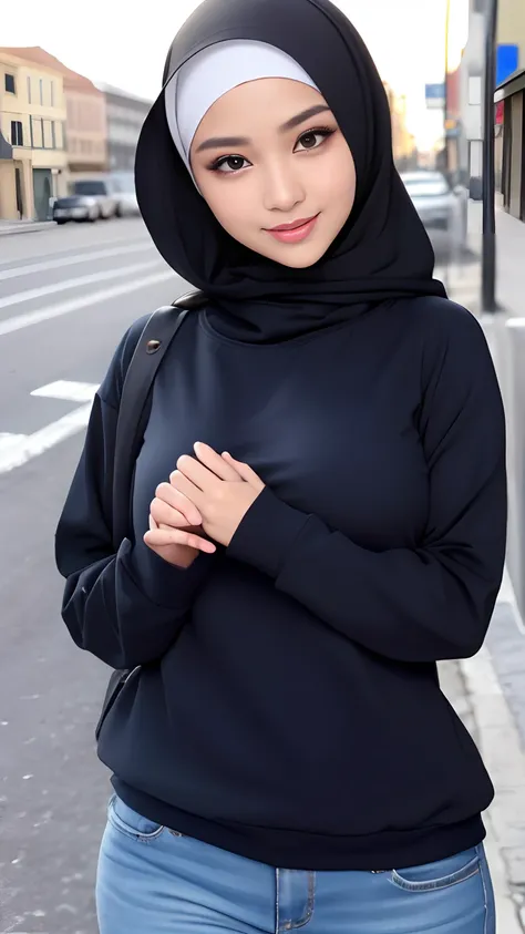 (Best quality, high resolution, masterpiece: 1.3), a beautiful malay woman in hijab, big breasts, (Smilling), [beautiful detailed eyes], (beautiful detailed nose), slim figure, sweatshirt, beautifully presented details in the street and facial and skin tex...