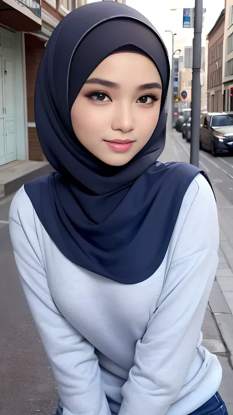 (Best quality, high resolution, masterpiece: 1.3), a beautiful malay woman in hijab, big breasts, (Smilling), [beautiful detailed eyes], (beautiful detailed nose), slim figure, sweatshirt, beautifully presented details in the street and facial and skin tex...