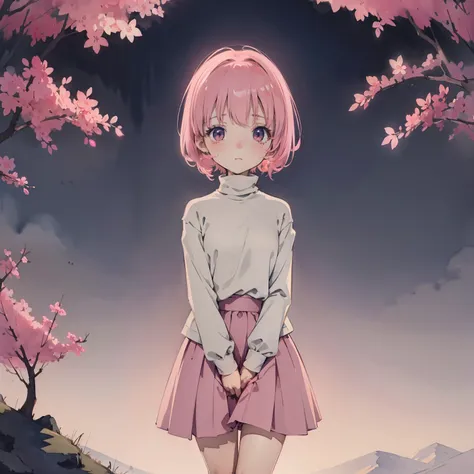 Beautiful and aesthetic,, Solo,Cute,Pink turtleneck,pleatedskirt(glowing ambiance, enchanting glow, luminouslighting, Ethereal atmosphere,Watercolor illustration, Perfect anatomy, Masterpiece, Best quality, 1girll, Loli,elementary student,Nature, landscape