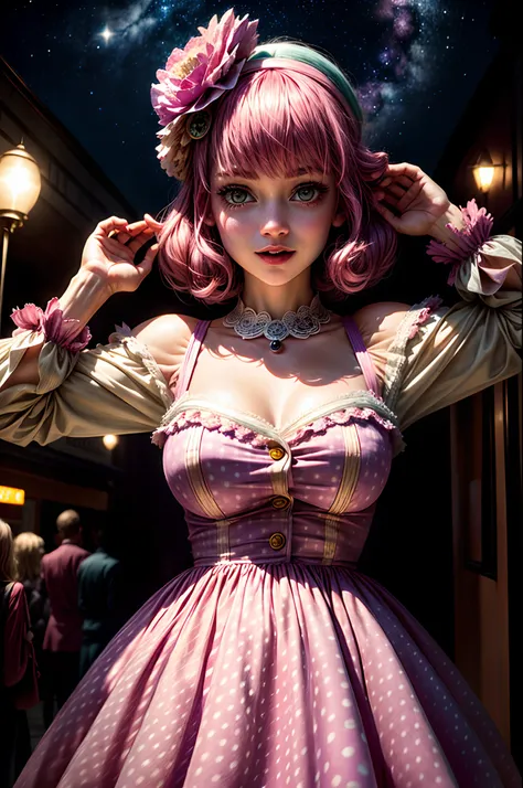 Create a whimsical depiction of a young woman with playful, cotton candy-pink hair (Hair: cotton candy-pink), enchanting amethyst eyes (Eyes: enchanting amethyst), and a mischievous grin. She wears a vintage-inspired, polka-dotted dress (Clothing: vintage ...