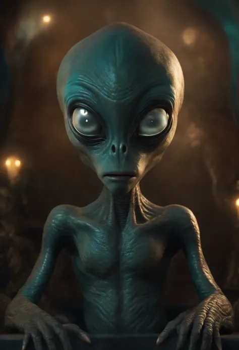 Create a super realistic image of an alien with a fat head and small body and 3 big black eyes.