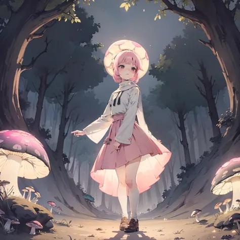 Beautiful and aesthetic,, Solo,Cute,Pink turtleneck,pleatedskirt，Dance，Cogumelos，Mushrooms，Huge mushrooms，spore，(glowing ambiance, enchanting glow, luminouslighting, Ethereal atmosphere,Watercolor illustration, Perfect anatomy, Masterpiece, Best quality, 1...