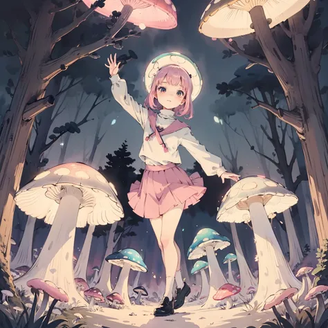 Beautiful and aesthetic,, Solo,Cute,Pink turtleneck,pleatedskirt，Dance，Cogumelos，Mushrooms，Huge mushrooms，spore，(glowing ambiance, enchanting glow, luminouslighting, Ethereal atmosphere,Watercolor illustration, Perfect anatomy, Masterpiece, Best quality, 1...