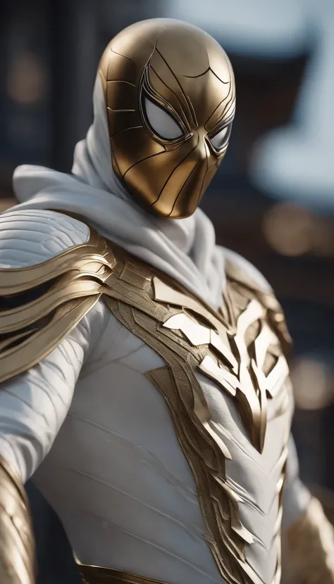 a close up of a statue of a man with a gold and white costume, super detailed render, 3 d render character art 8 k, intricate white and gold armor, full samurai armor spiderman, high detail iconic character, 8k render”, octane render ”, octane render”, sup...