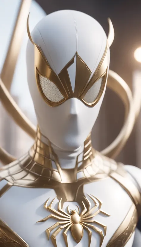 a close up of a statue of a man with a gold and white costume, super detailed render, 3 d render character art 8 k, intricate white and gold armor, full samurai armor spiderman, high detail iconic character, 8k render”, octane render ”, octane render”, sup...