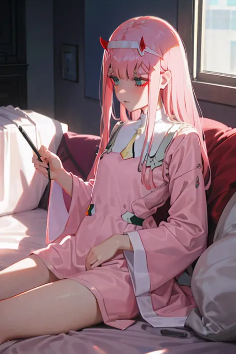 one-girl, pyjamas, In the room, zero two/(darling in the franx/), small horns, green eyes, Lie down in bed, long whitr hair, slimfigure, window, nigh sky, White hair, Pink hair, Gradient hair, Cinematic lighting, back lit lighting,8K, ccurate, Masterpiece,...