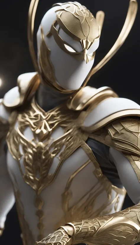 a close up of a statue of a man with a gold and white costume, super detailed render, 3 d render character art 8 k, intricate white and gold armor, full samurai armor spiderman, high detail iconic character, 8k render”, octane render ”, octane render”, sup...