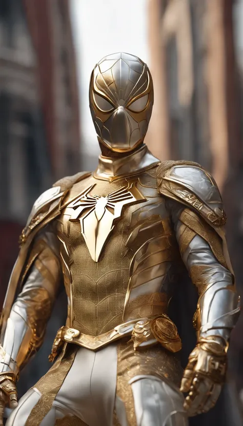 a close up of a statue of a man with a gold and white costume, super detailed render, 3 d render character art 8 k, intricate white and gold armor, full samurai armor spiderman, high detail iconic character, 8k render”, octane render ”, octane render”, sup...