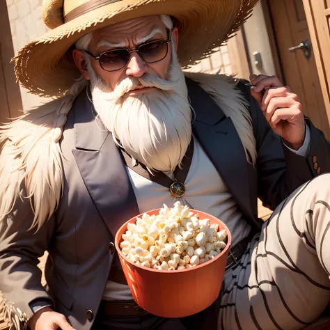 Old Master Kame White Hair Big Beard Wearing Sunglasses and Straw Hat and Suit Eating Popcorn Holding a Dragon Ball, anime photorealistic, realistic, kinematic lighting, ultra realista