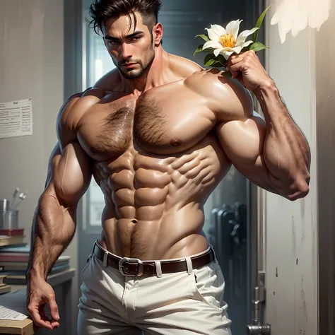 handsome Shirtless beefy man holding a flower, 40 years old, masculine, brown skin, white lousy sheer pants ,  masterpiece, 32k --auto --s2