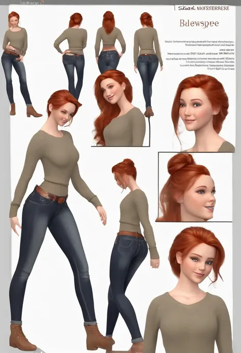 ((Best Quality)), ((Masterpiece)), ((Realistic)) 19 year old, redhead girl, armpit lenght hair, relaxed happy face ((slender)) (busty), (((jeans and pullover))) bun hairstyle, (((detailed character sheet, frontal view, side view, three quarter view))) whit...