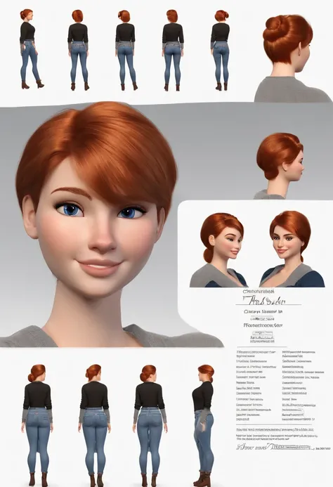 ((Best Quality)), ((Masterpiece)), ((Realistic)) 19 year old, redhead girl, armpit lenght hair, relaxed happy face ((slender)) (busty), (((jeans and pullover))) bun hairstyle, (((detailed character sheet, frontal view, side view, three quarter view))) whit...