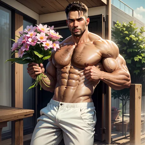 handsome Shirtless beefy man holding a flower, 40 years old, masculine, brown skin, white lousy sheer pants ,  masterpiece, 32k --auto --s2