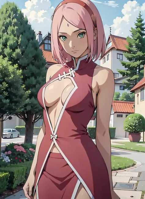 女の子1人,sexy body,perfect body,sehr enge kleidung,zeigt viel haut,sexy kleidung,,Breasts peep out,stehend im garten,nahaufnahme,arms behind back,sakura haruno,rotes Harrband