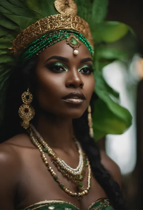 a close up of a woman wearing a green headdress and jewelry, stunning african princess, dark skin female goddess of love, gorgeous woman, a stunning portrait of a goddess, black african princess, portrait of a beautiful goddess, african princess, dark skin...