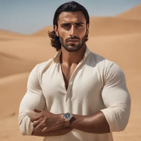 Hyperrealistic cinematic portrait of a handsome 28-year-old Arab man in the desert, sem roupa de cima, There is tension and a sense of danger in the air, corpo musculoso, corpo forte, rosto detalhado, Rosto realista, rosto perfeito, pele realista, pele com...