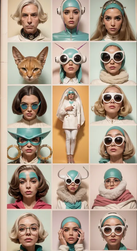 8k portrait of a 1960s science fiction film by Wes Anderson, Vogue anos 1960, pastels colors, There are people wearing weird futuristic masks and wearing extravagant retro fashion outfits and men and women wearing alien makeup and old ornaments with mechan...